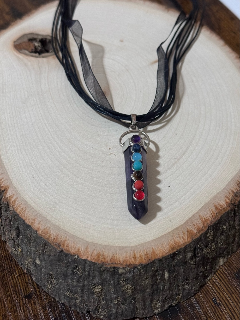Amethyst Chakra Crystal Pendant Necklace with Multicolored Gemstones